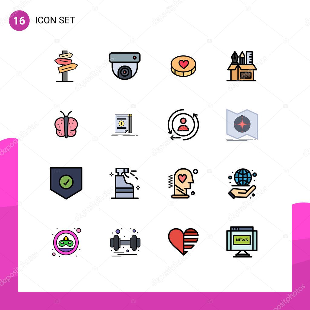 Set of 16 Modern UI Icons Symbols Signs for butterfly, stationary, heart, scale, pen Editable Creative Vector Design Elements