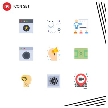 9 Modern Düz Kampanya, Makine, Eğitim, İçişleri, Düzenlenebilir Vektör Tasarım Elemanlarından oluşan Evrensel Simge Sembolleri Grubu