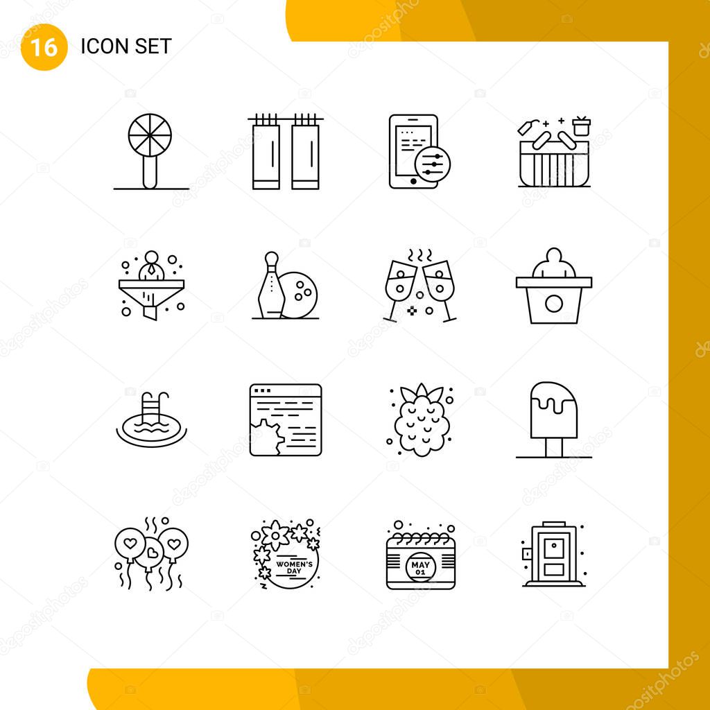 Group of 16 Outlines Signs and Symbols for conversion, shopping, gdpr, box, cart Editable Vector Design Elements