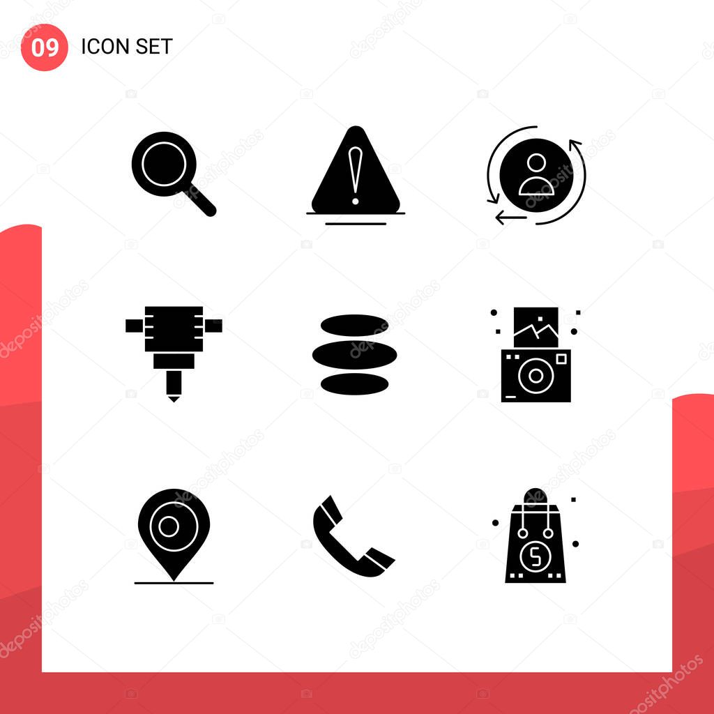 Solid Glyph Pack of 9 Universal Symbols of travel, camera, marketing, crypto currency, coin Editable Vector Design Elements