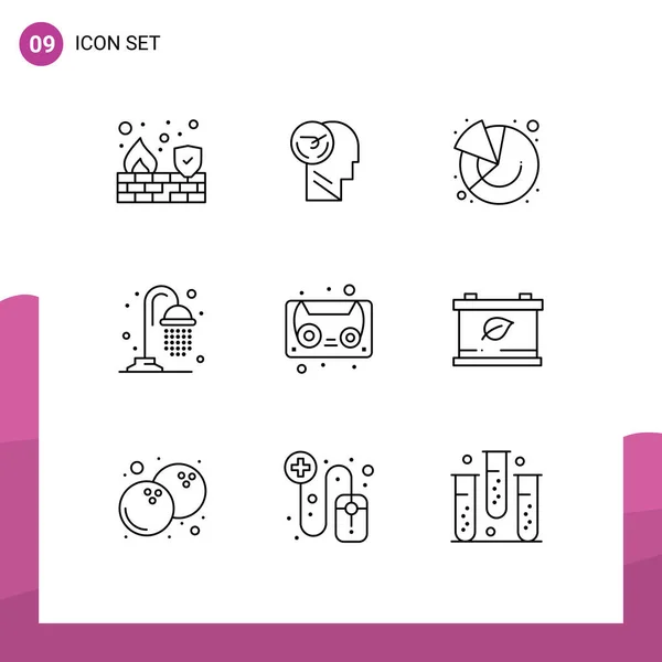 Pack Modern Outlines Signs Symbols Web Print Media Cassette Shower — Stock Vector