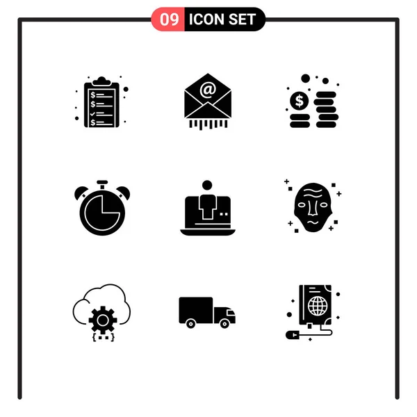 一套用于笔记本电脑 计算机 计时器 时钟可编辑向量设计元素的9个商用固态Glyphs包 — 图库矢量图片