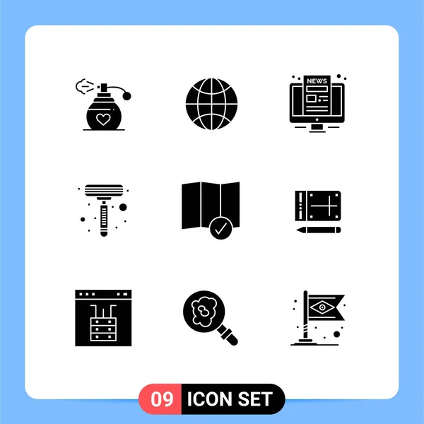 Mobile Interface Solid Glyph Set Pictograms Mobile Location Monitor Check — Stock Vector
