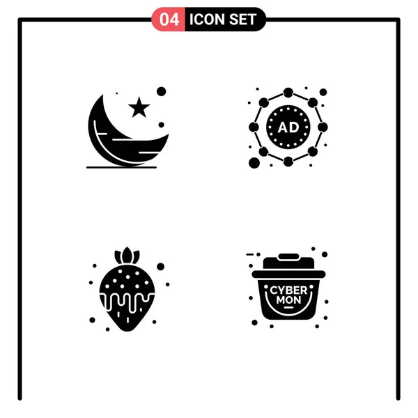 Pictogram Set Simple Solid Glyphs Moon Food Night Marketing Strawberry — Stock Vector