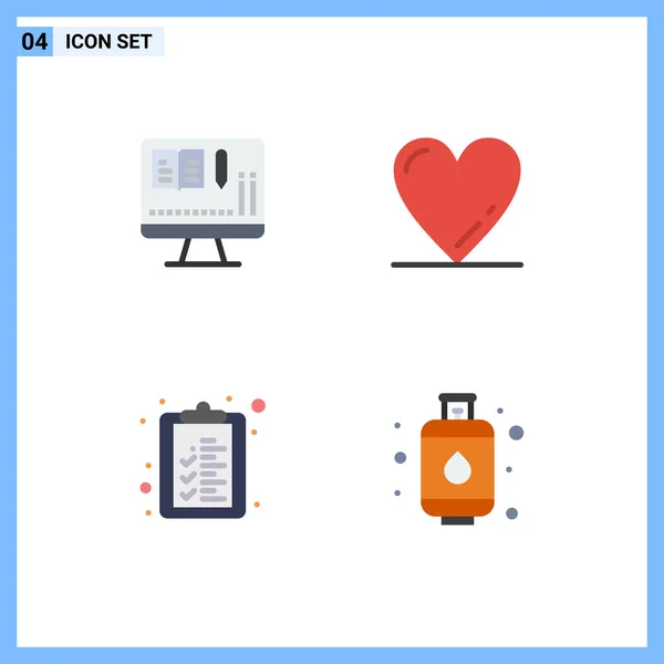 Group Modern Flat Icons Set Monitor Cylinder Heart Check List — Stock Vector