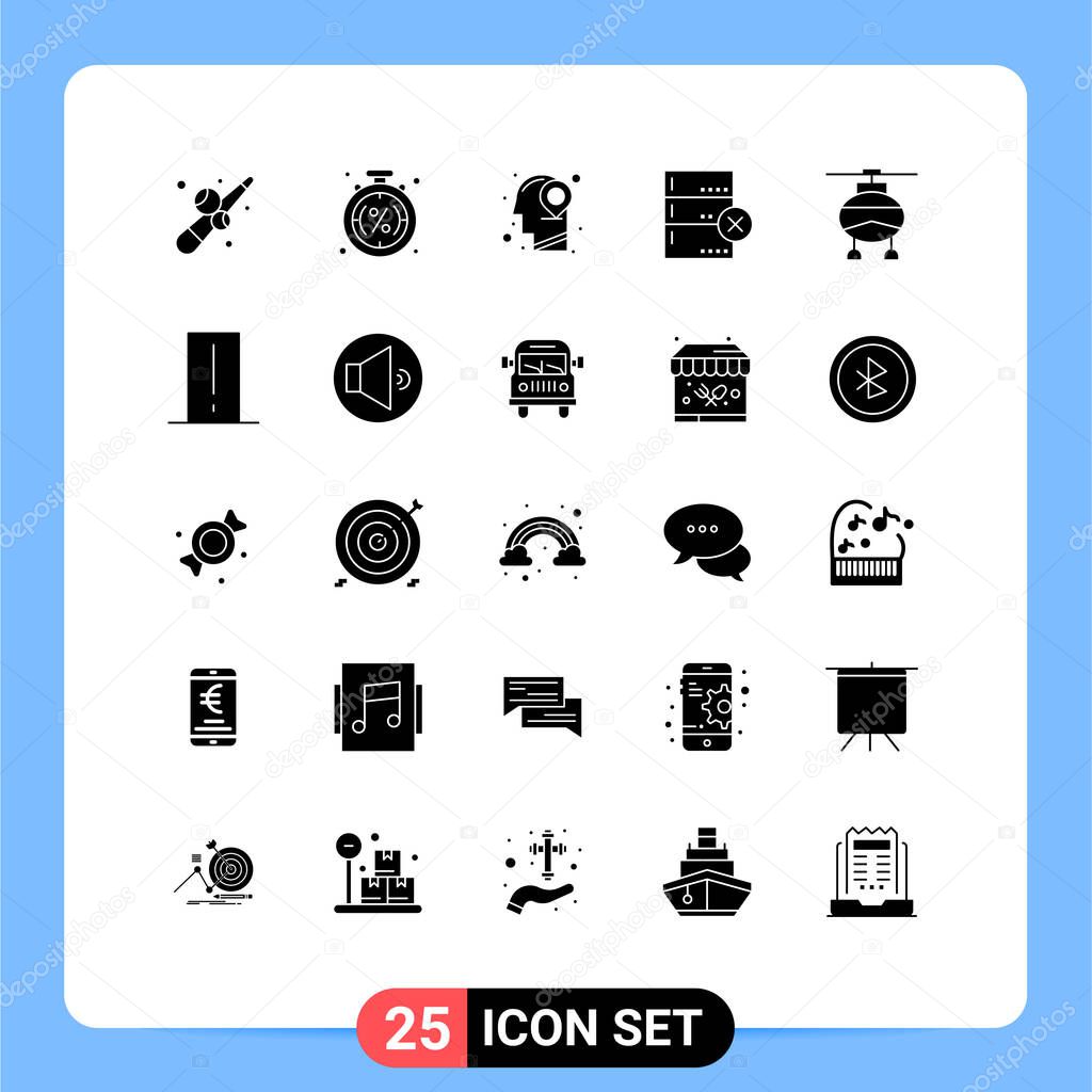 Modern Set of 25 Solid Glyphs Pictograph of transport, devices, shopping, data, mind Editable Vector Design Elements