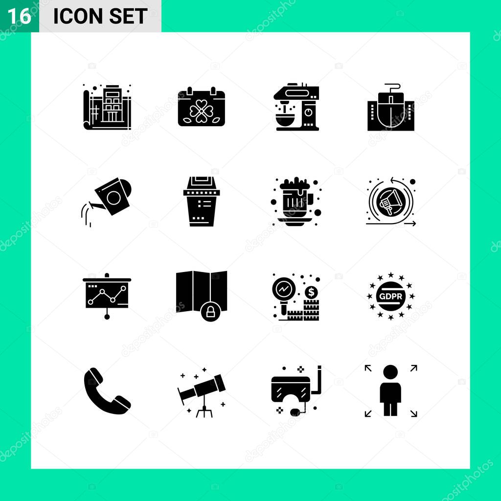 Mobile Interface Solid Glyph Set of 16 Pictograms of education, computer, leaf, mouse, coffee machine Editable Vector Design Elements
