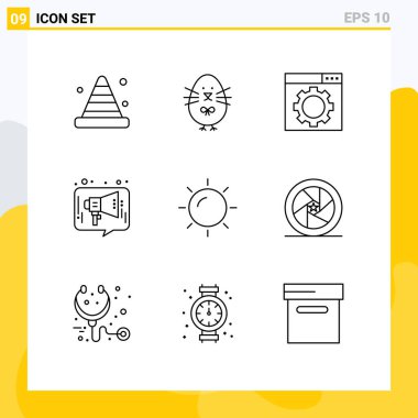 9 Evrensel Özet İşaretleri Plaj, medya, mutlu, pazarlama, sohbet edilebilir Vektör Tasarım Elemanları