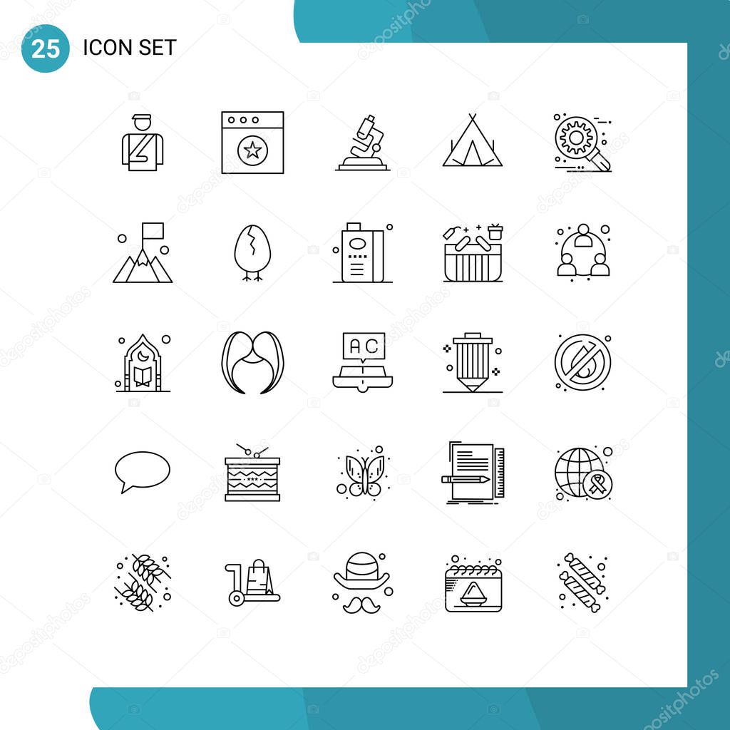 Universal Icon Symbols Group of 25 Modern Lines of optimization, customize, microsope, spring, tent Editable Vector Design Elements