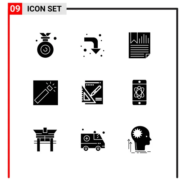 Mobile Interface Solid Glyph Set Pictograms Layout Retouch Data Photography — Stock Vector