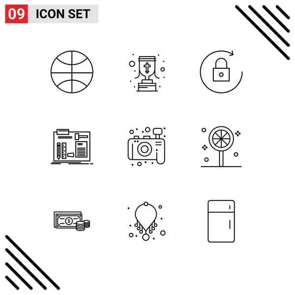 Conjunto Ícones Modernos Símbolos Sinais Para Foto Oficina Seta Engenheiro — Vetor de Stock