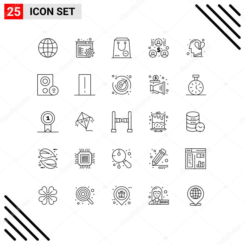 Group of 25 Lines Signs and Symbols for break heart, feeling, minus, emotions, investors Editable Vector Design Elements