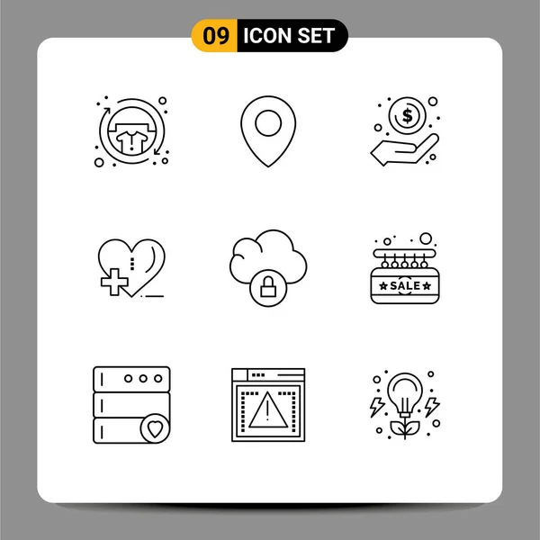 モバイルインターフェース概要クラウド ヘルスケア 収益の9写真のセット編集可能なベクトルデザイン要素 — ストックベクタ