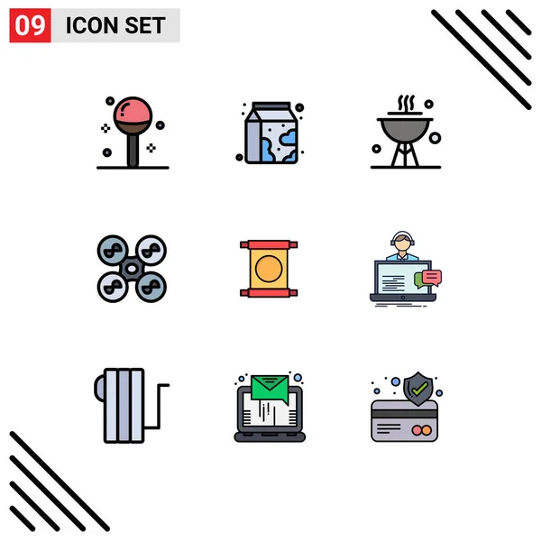 Pictogram Set Egyszerű Töltővonal Lapos Színek Tekercs Quad Helikopter Szupermarket — Stock Vector