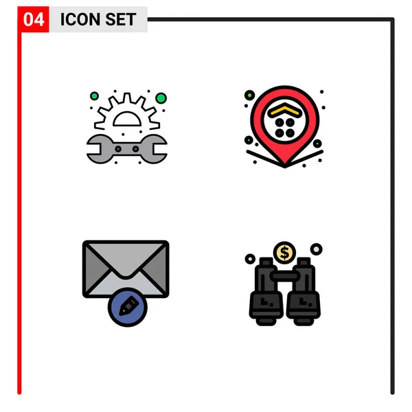 4つの現代的なファイルラインフラットカラーのグループギア メッセージ スパナ プロパティ 双眼鏡のためのセット編集可能なベクトルデザイン要素 — ストックベクタ