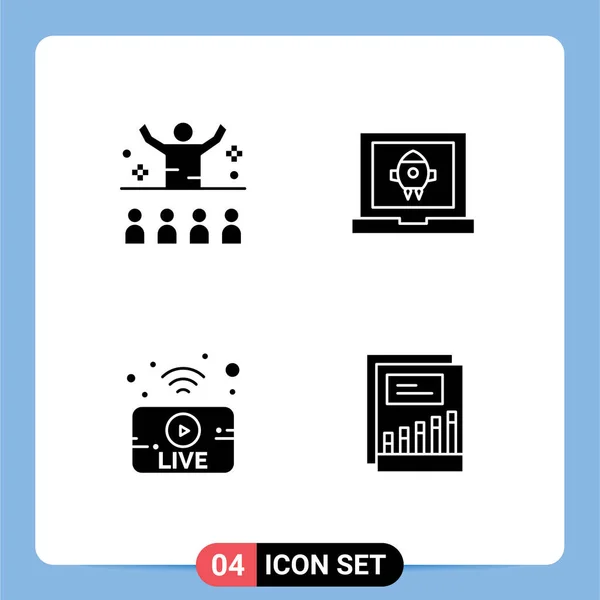 Solid Glyph Pack Universal Symbols Communication Utube Motivation Laptop Live — Stock Vector
