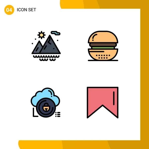 データ ハンバーガー ロックなどのWeb印刷メディアのための4つの現代的なファイルラインフラットカラー記号とシンボルのパック編集可能なベクトルデザイン要素 — ストックベクタ