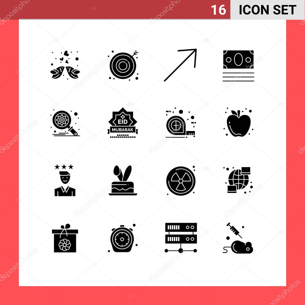 16 Universal Solid Glyphs Set for Web and Mobile Applications search, database, arrow, shopping, money Editable Vector Design Elements