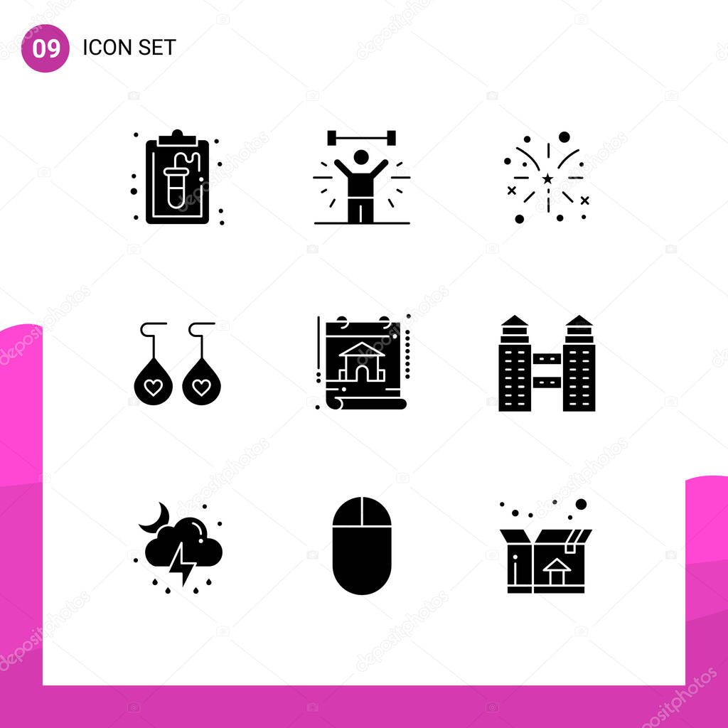 9 Thematic Vector Solid Glyphs and Editable Symbols of construction, heart, lifting, love, usa Editable Vector Design Elements