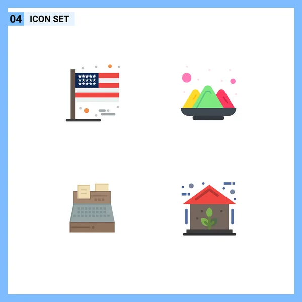 Pack Icono Plano Símbolos Universales América Print Usa India Compras — Vector de stock