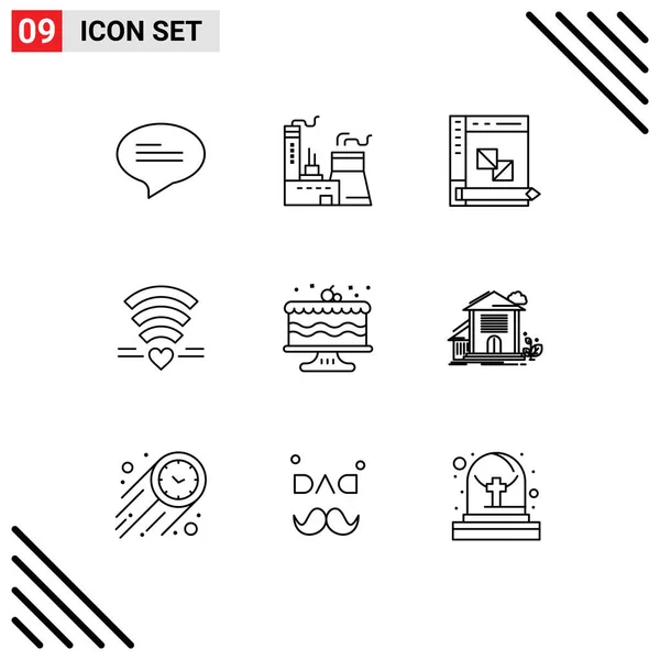 Pictogram Set Simple Outlines Cake Heart Develop Wedding Wifi Editable — Stock Vector