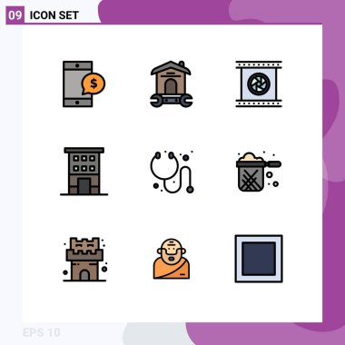 Group of 9 Filledline Flat Colors Signs and Symbols for shop front, buildings, wrench, building, photographic objective Editable Vector Design Elements vector Group of 9 Filledline Flat Colors Signs and Symbols for shop front, buildings, wrench, building, photographic objective Editable Vector Design Elements vector