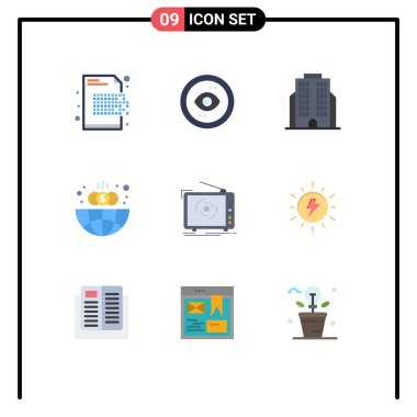 Mobil Arayüz Düz Düz Renk Seti 9 Piktogram televizyon, küresel, ui, finans, kurumsal Vector Design Elementleri