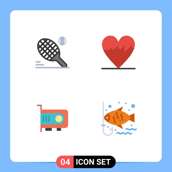 Group Modern Flat Icons Set Tennis Technology Sport Pulse Fish — Stock Vector