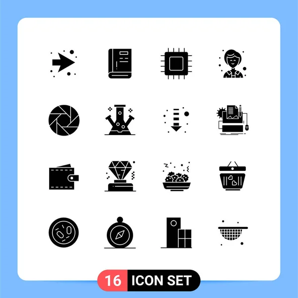 Pictogram Set Van Eenvoudige Solid Glyphs Van Camera Vrouw Chip — Stockvector