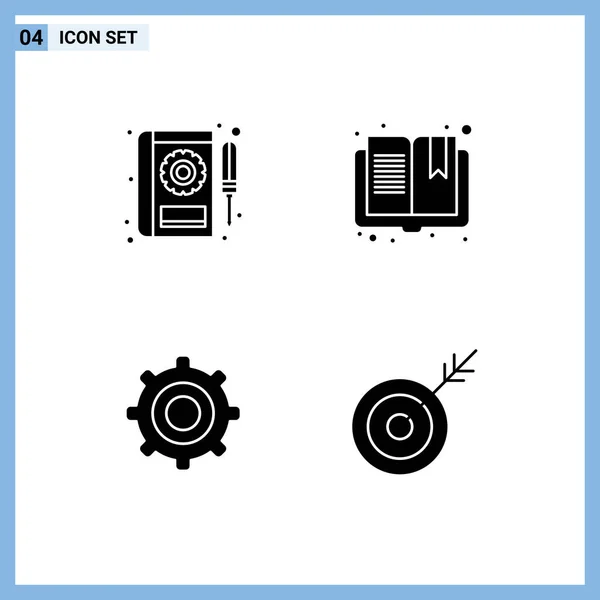 Group Modern Solid Glyphs Set Book Gear Javítás Nyitott Fogaskerekek — Stock Vector