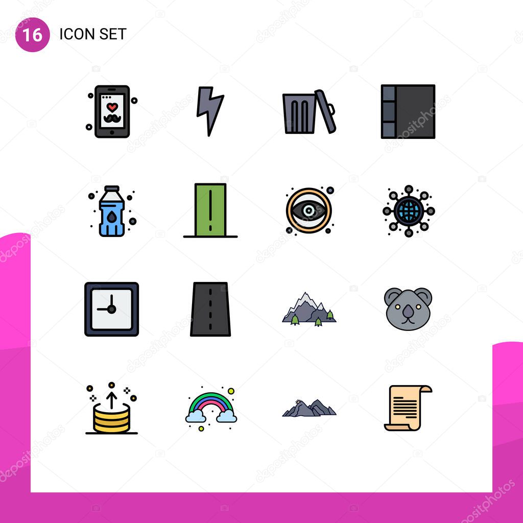 Modern Set of 16 Flat Color Filled Lines and symbols such as device, plastic container, environment, drinking water, layout Editable Creative Vector Design Elements