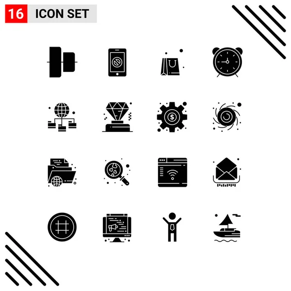 现代化的16个实体字形和符号 如连接 定时器 可编辑向量设计元素 — 图库矢量图片