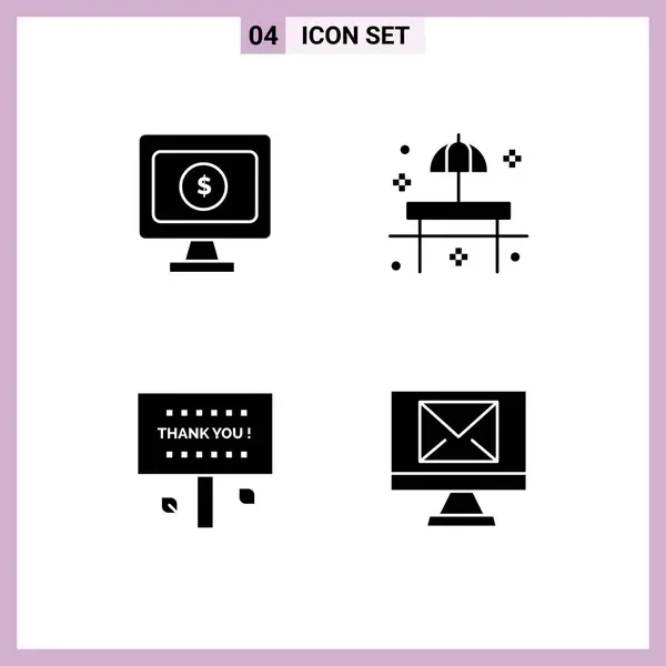 Pictogram Set Simple Solid Glyphs Monitor Sign Beach Sunshade Thank — Stock Vector