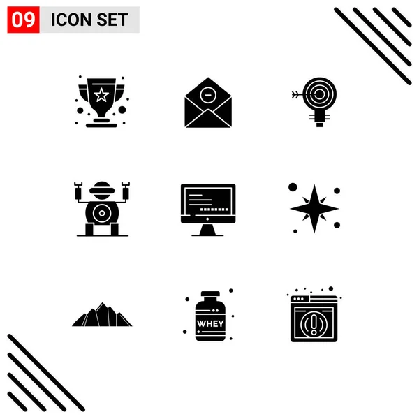 Groupe Modern Solid Glyphs Set Toy Robot Email Idea Solution — Image vectorielle