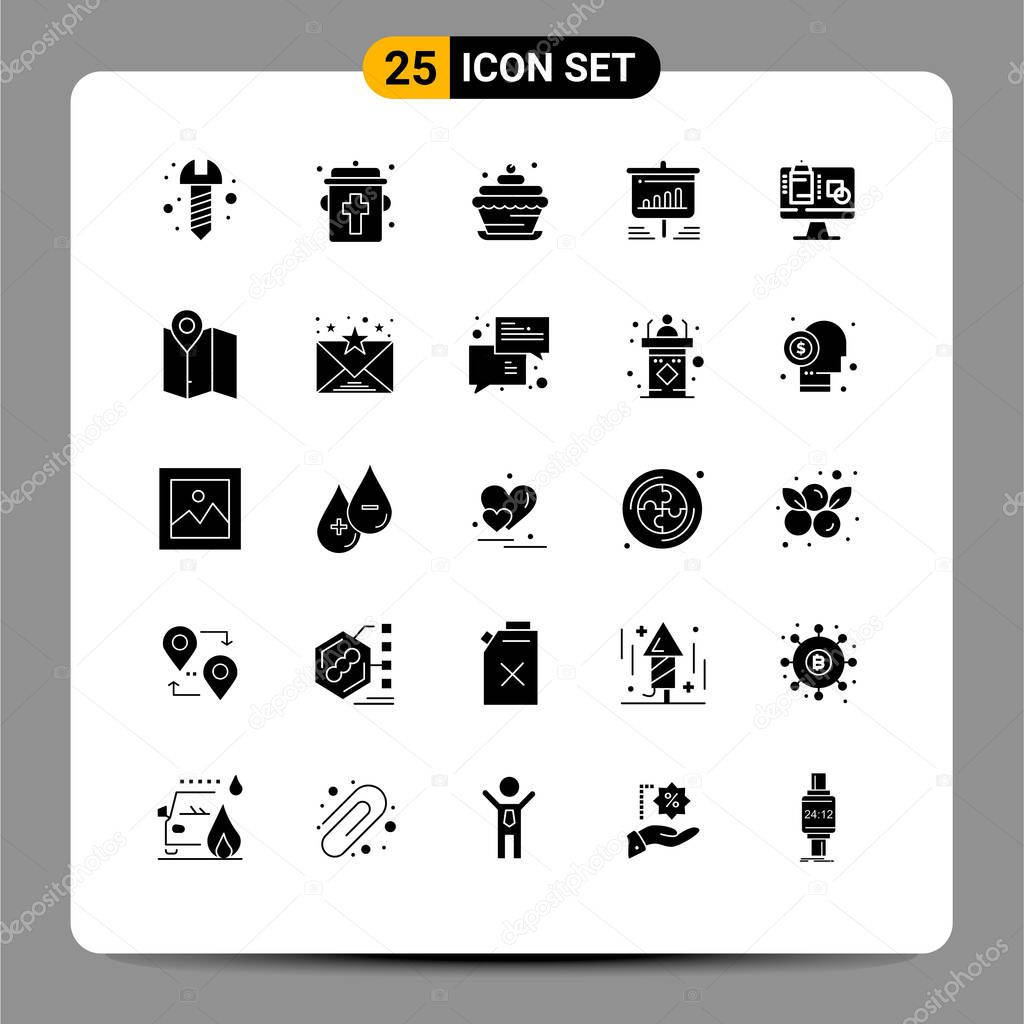 Universal Icon Symbols Group of 25 Modern Solid Glyphs of screen, business, birthday, analytics, board Editable Vector Design Elements
