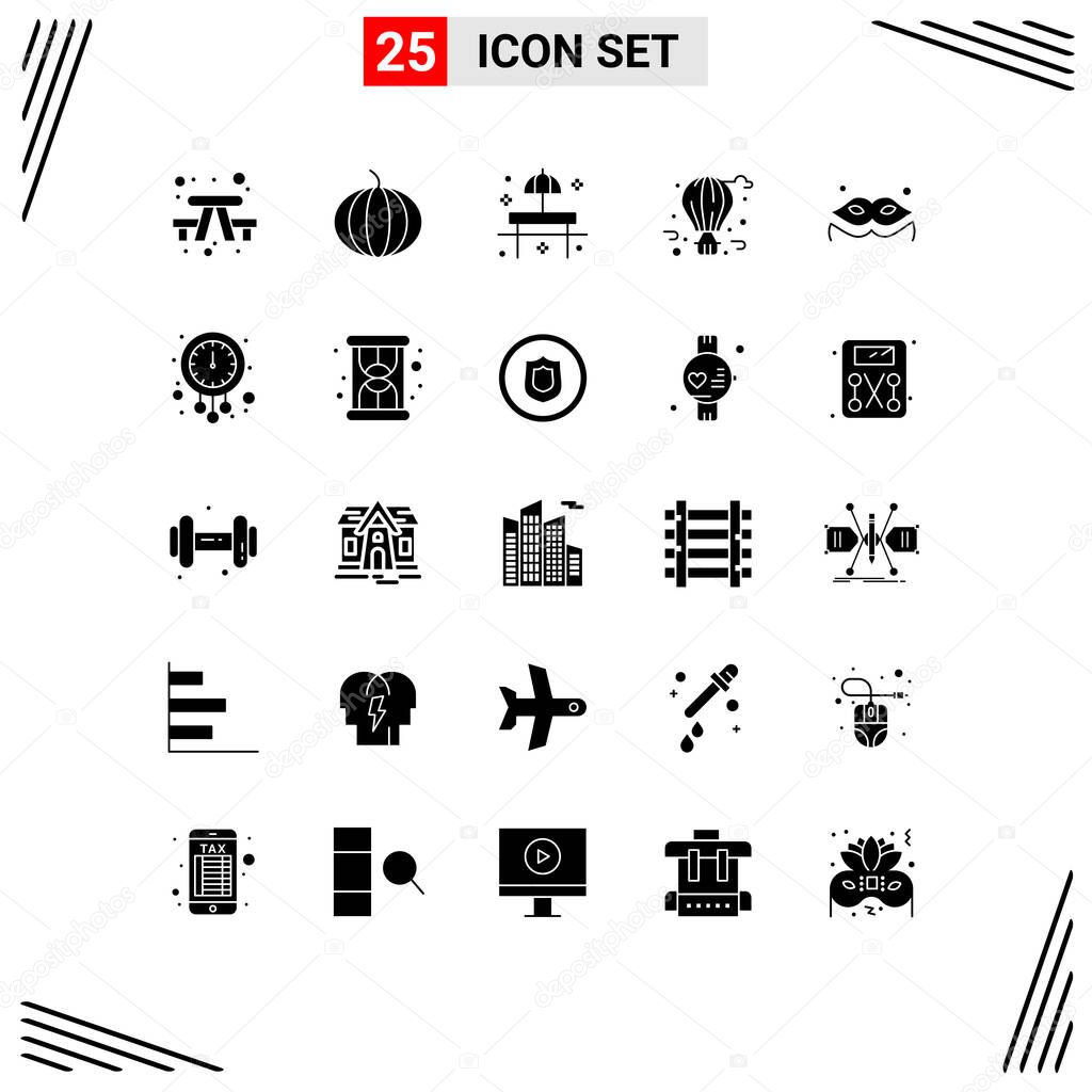 Set of 25 Vector Solid Glyphs on Grid for masquerade, costume, restaurant, city life, balloon Editable Vector Design Elements