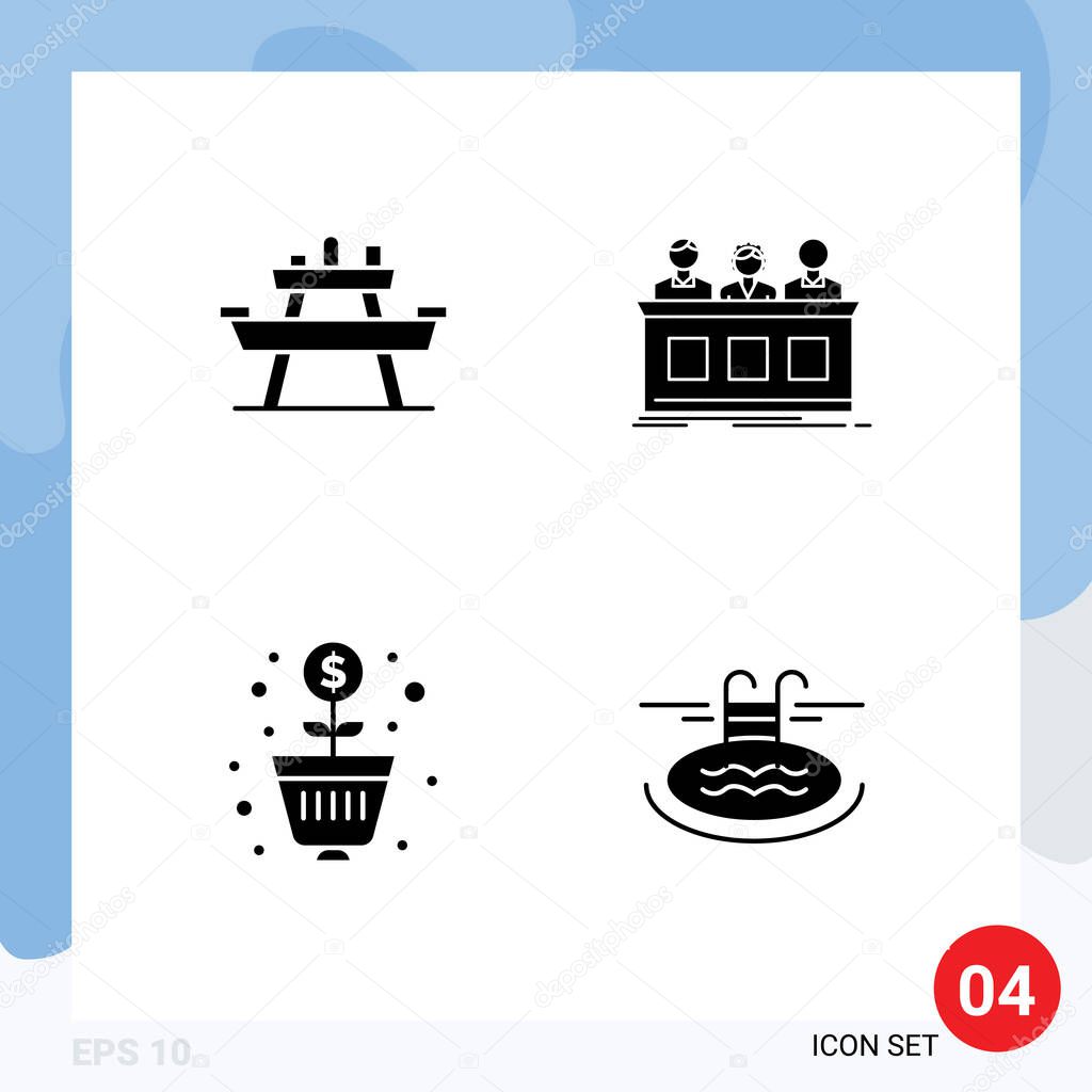 Mobile Interface Solid Glyph Set of 4 Pictograms of bench, jury, seat, contest, profit Editable Vector Design Elements