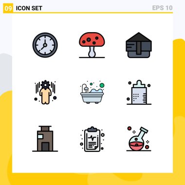 9 Modern Filledline Düz Renkler Grubu Bebek, küvet, çanta, banyo, yönetilebilir Vektör Tasarım Elementleri