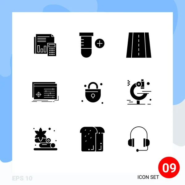 Modern Set Solid Glyphs Pictograph Set Object Add File Road — 스톡 벡터