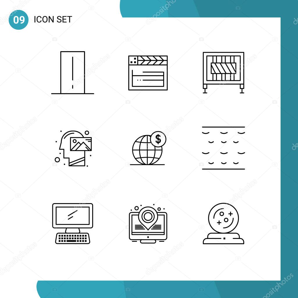 Mobile Interface Outline Set of 9 Pictograms of vision, mission, video, mind, signaling Editable Vector Design Elements