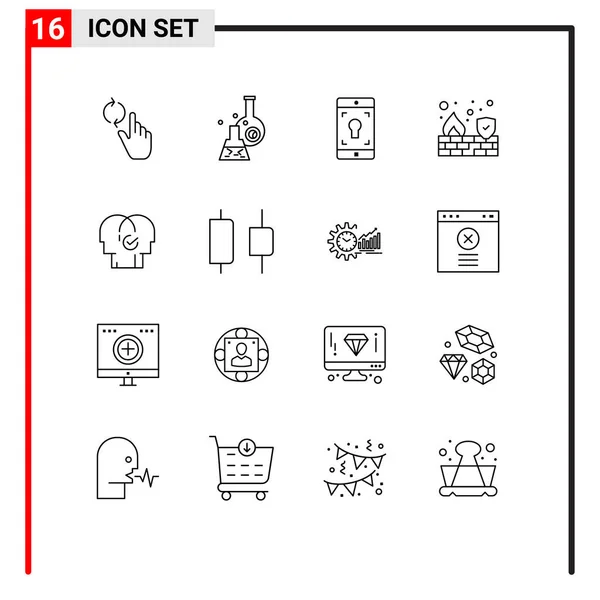 防火墙 屏幕可编辑向量设计元素的16个行符号和符号的库存向量Icon包 — 图库矢量图片