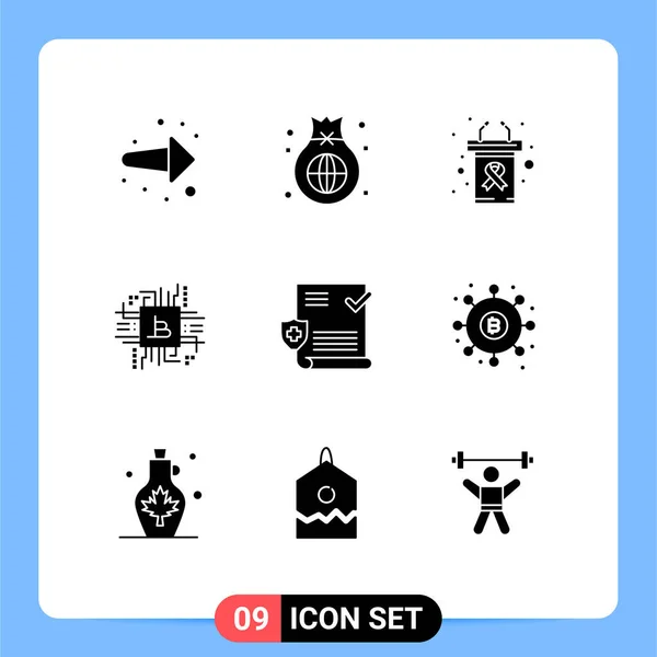 9ユーザーインターフェイス現代的な記号とフィンテック コンピュータ ビットコイン 癌の日のシンボルの固体グリフパック編集可能なベクトルデザイン要素 — ストックベクタ