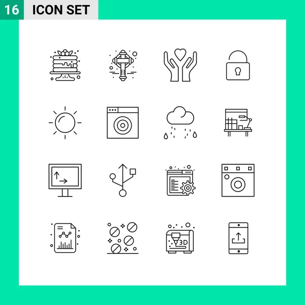 Set of 16 Vector Outlines on Grid for find, rise, care, nature, lock Editable Vector Design Elements — Stock Illustration Set Vector Outlines Grid Find Rise Care Nature Lock Editable Stock Vector
