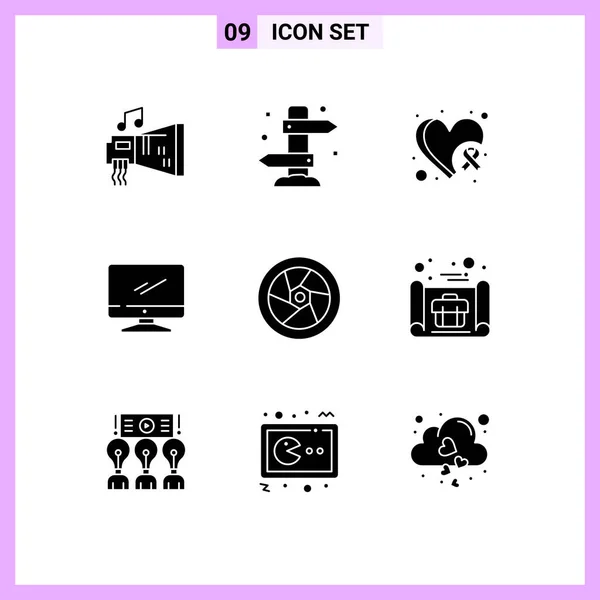 Set Commercial Solid Glyphs Pack Imac Monitor Tourism Computer Heart — Stock Vector