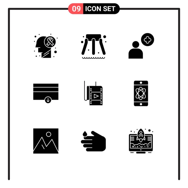 Pictogram スタジオ プラス 支払いの9つのシンプルなソリッドグリフのセット編集可能なベクトルデザイン要素 — ストックベクタ