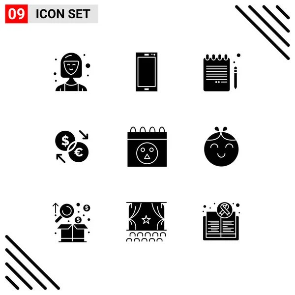 Solid Glyph Pack Universal Symbols Dollar Currency Android Converter Education — Stock Vector