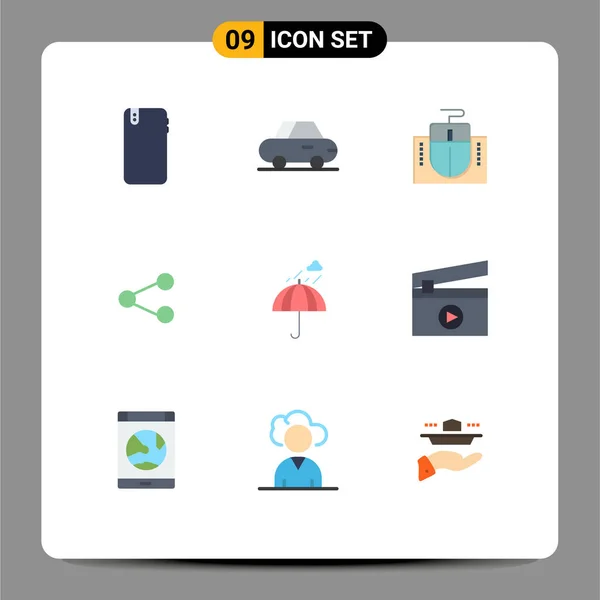 Mobile Interface Flat Color Set Pictograms Rain Umbrella Computer Sharing — Stockový vektor