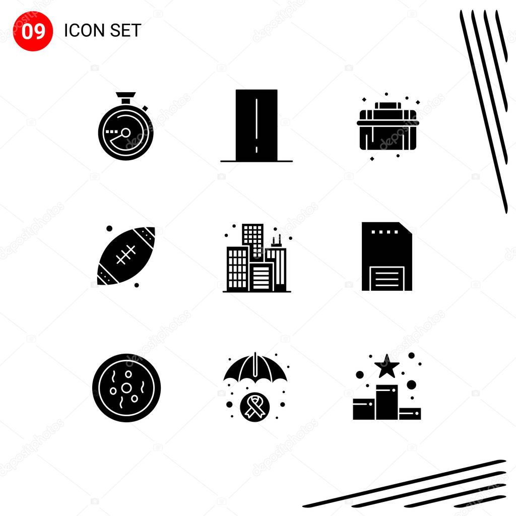 Set of 9 Commercial Solid Glyphs pack for city, sports, light mete, rugby, system Editable Vector Design Elements