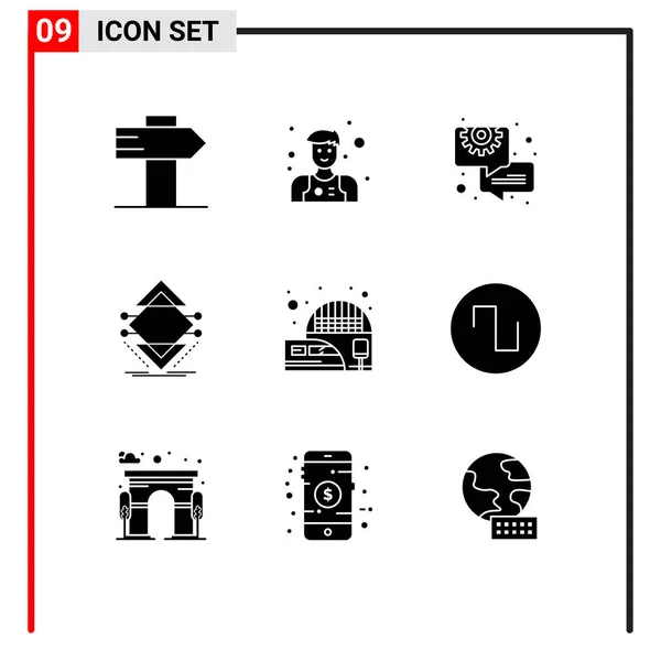 9個の固体グリフのグループ郊外 鉄道駅 コンサルティング インフラのための記号と記号編集可能なベクトルデザイン要素 — ストックベクタ