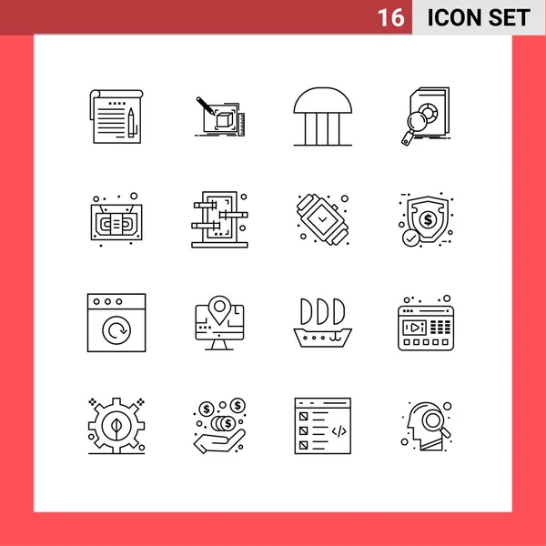 16 Universal Outline Signs Symbols of market, data, pencil, analysis, court of law Editable Vector Design Elements